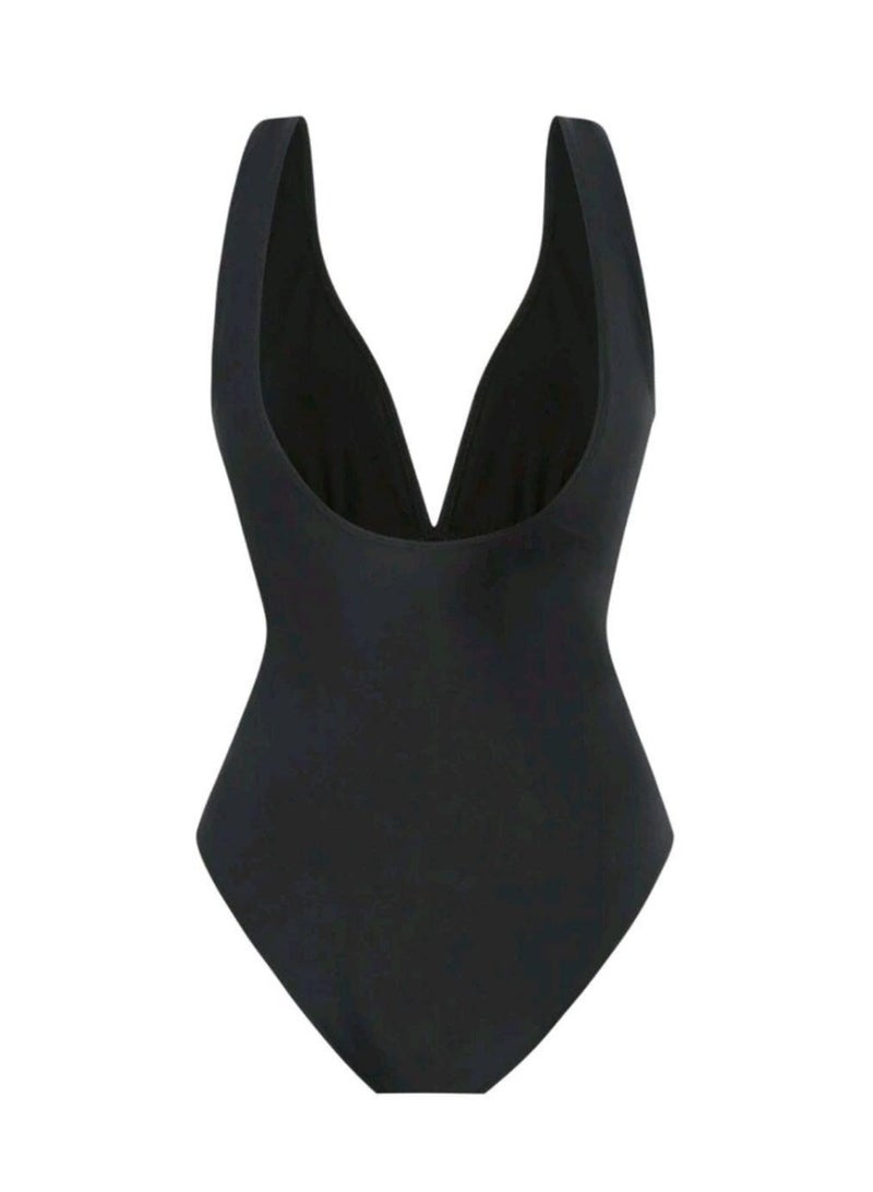 SHEIN-2pcs/Set Swim Solid Black One-Piece Swimsuit & Mesh Placement Print Maxi Dress - Image 5